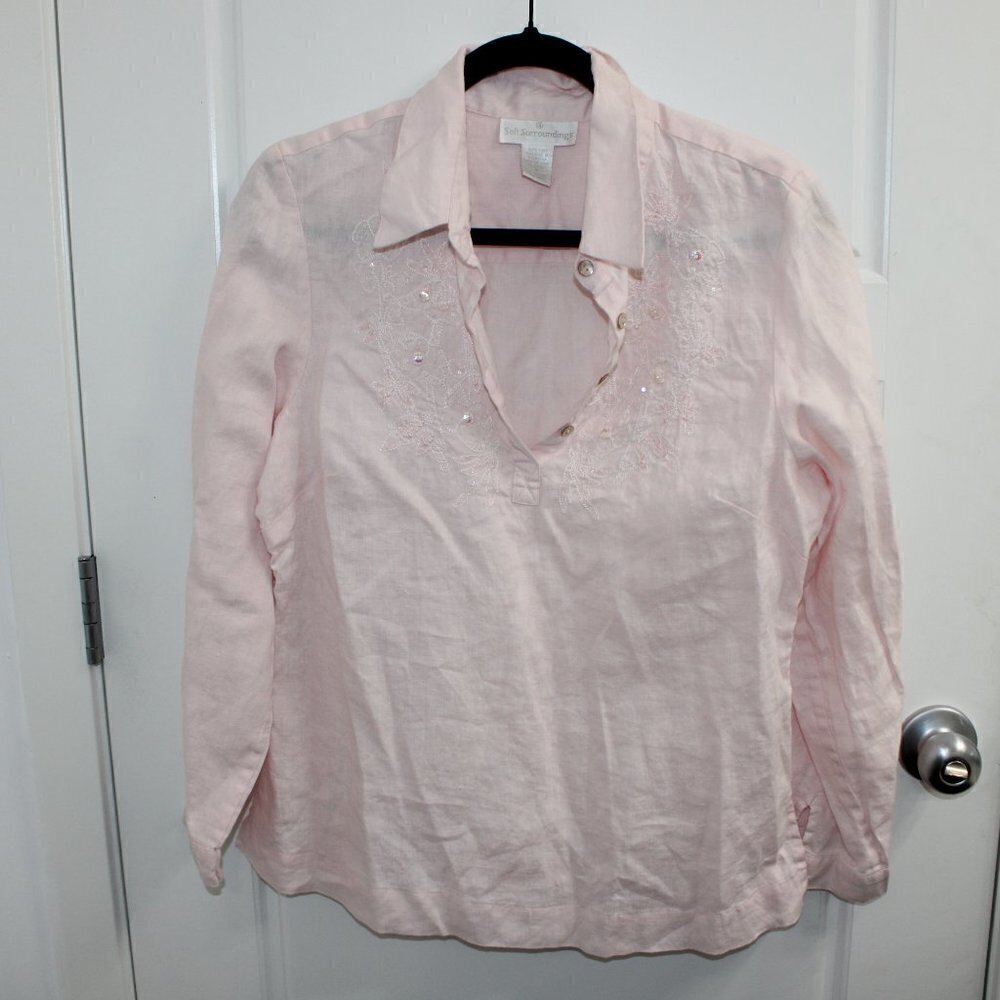 3/$30 Soft Surroundings 100% Linen Soft Pink Embroidered Collared Shirt M